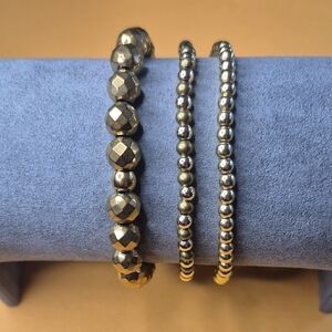 3 BRACLETS,7 1/2" HEMATITE,BRONZITE,GOLD,NT UNISEX